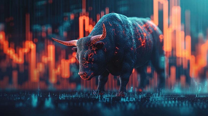 An image of a bull in front of the stock market during an economic downturn. The abstract image represents Innovation in Economic Downturns