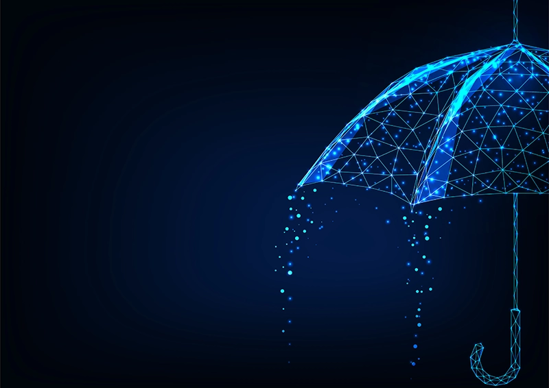 A blue umbrella stands against a dark background, depicting Insurance Technology Trends.